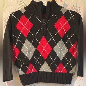 Toughskins Toddler Boy’s Red Black Argyle Diamond Quarter Zip Pullover Sweater